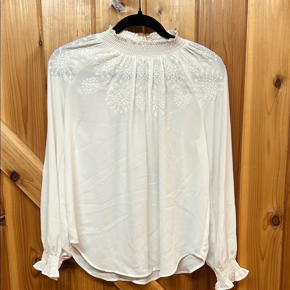 LOFT Sheer Cream Embroidered Blouse